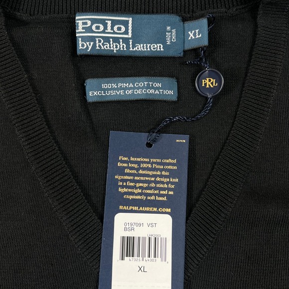 Polo Ralph Lauren Sweater Vest Men's XL Black Pima Cotton V-Neck Pony Logo NWT - Picture 6 of 10